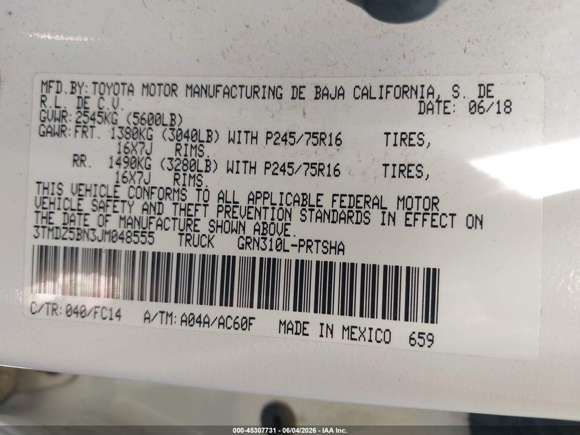 2018 Toyota Tacoma Sr5 V6 VIN: 3TMDZ5BN3JM048555 Lot: 45307731