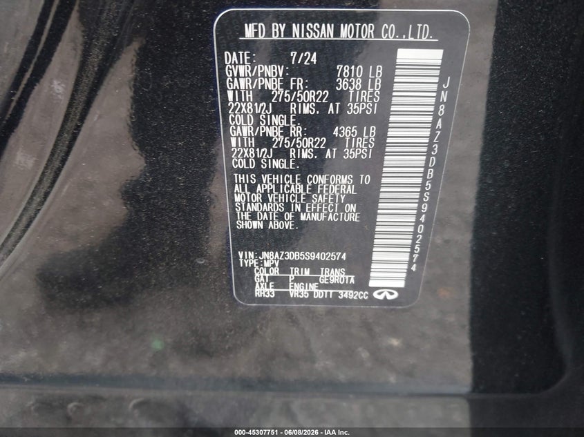 2025 Infiniti Qx80 Sensory Awd VIN: JN8AZ3DB5S9402574 Lot: 45307751
