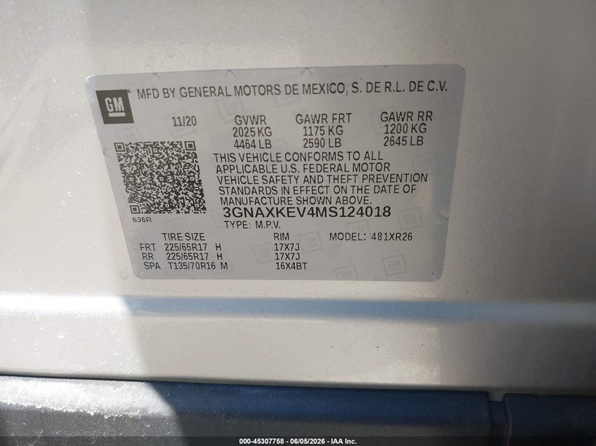 2021 CHEVROLET EQUINOX 1.5L I-4 DI, DOHC, V(VIN: 3GNAXKEV4MS124018