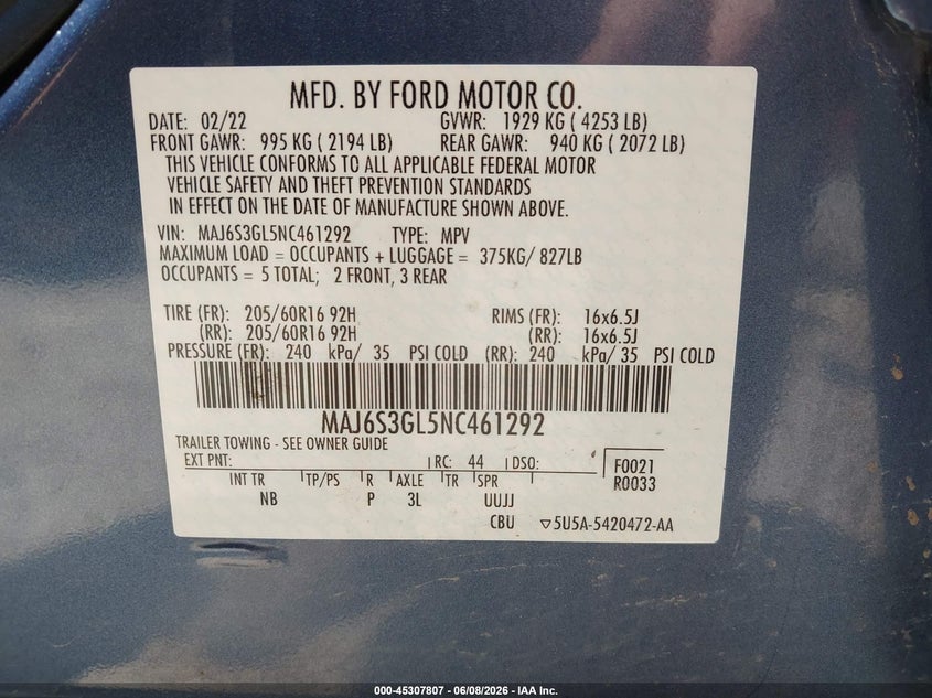 2022 FORD ECOSPORT SPORT UTILITY VEHICLE 2.0L I-4 DI, DOHC, VVT, 166HP