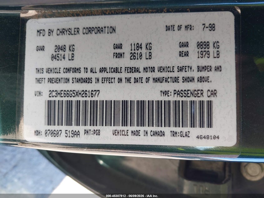 1999 Chrysler 300M VIN: 2C3HE66G5XH261677 Lot: 45307812