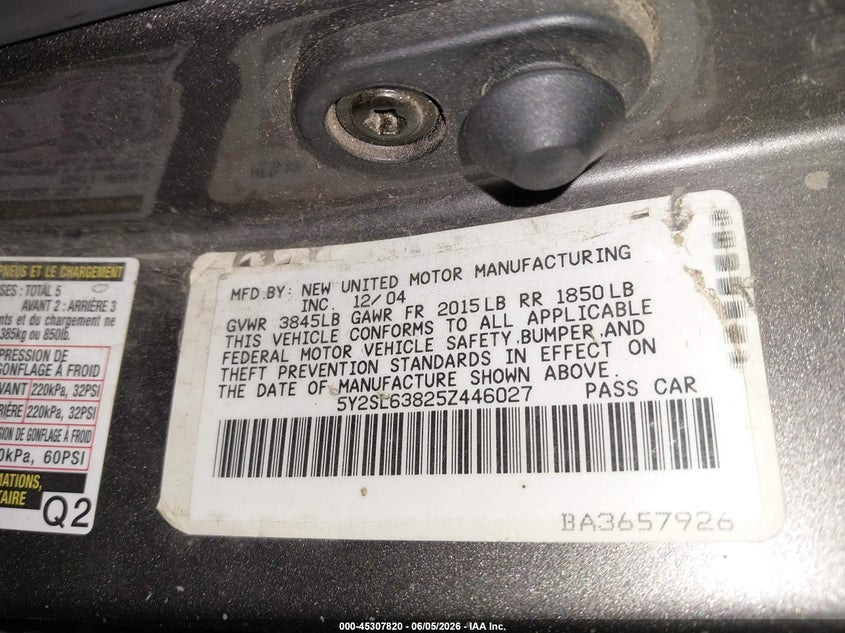 2005 Pontiac Vibe VIN: 5Y2SL63825Z446027 Lot: 45307820
