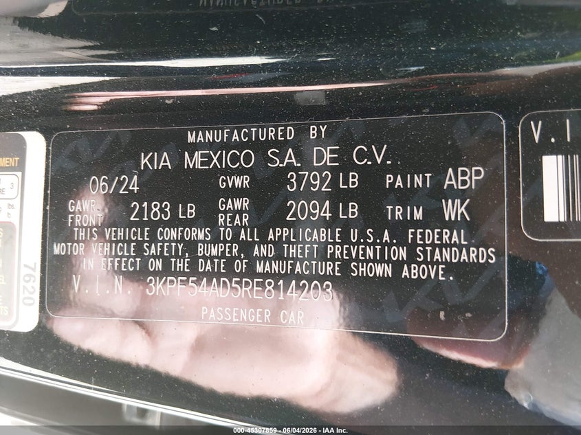 2024 Kia Forte Gt-Line VIN: 3KPF54AD5RE814203 Lot: 45307859