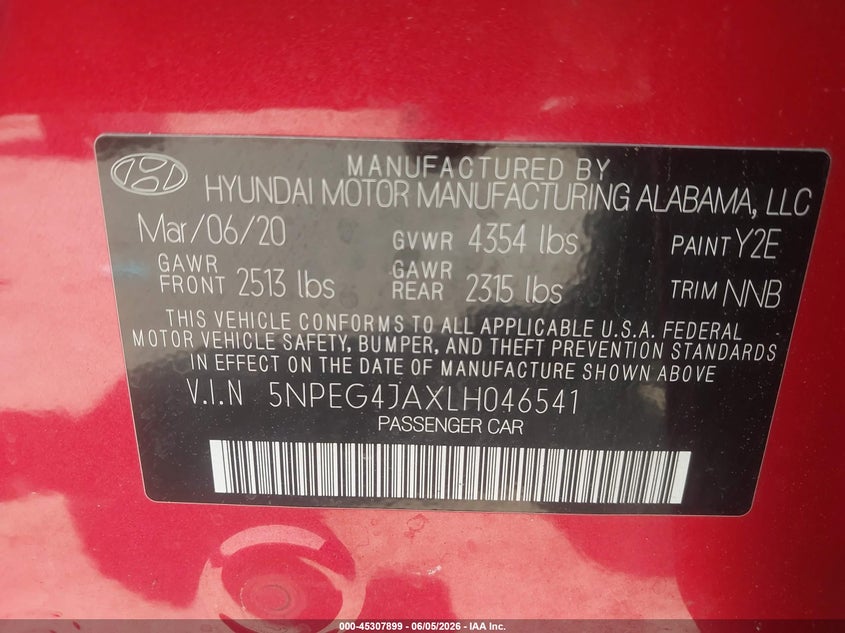 2020 Hyundai Sonata Se VIN: 5NPEG4JAXLH046541 Lot: 45307899