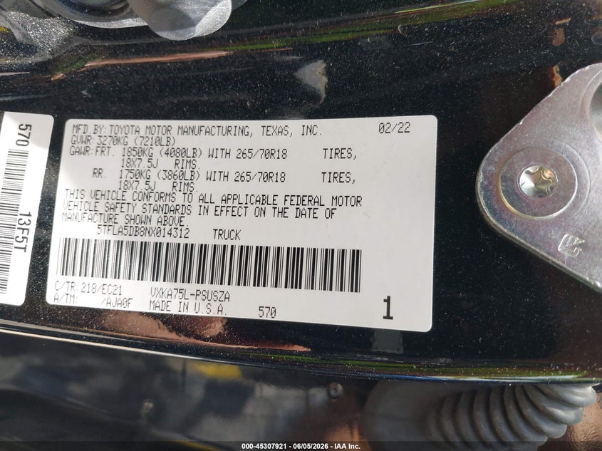 2022 TOYOTA TUNDRA 3.4L V-6 DI, DOHC, V(VIN: 5TFLA5DB8NX014312