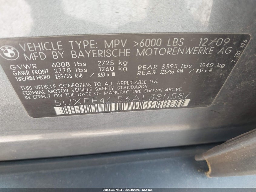2010 BMW X5 xDrive30I VIN: 5UXFE4C53AL380587 Lot: 45307964
