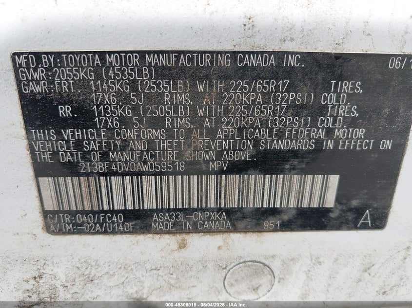 2010 Toyota Rav4 VIN: 2T3BF4DV0AW059518 Lot: 45308015
