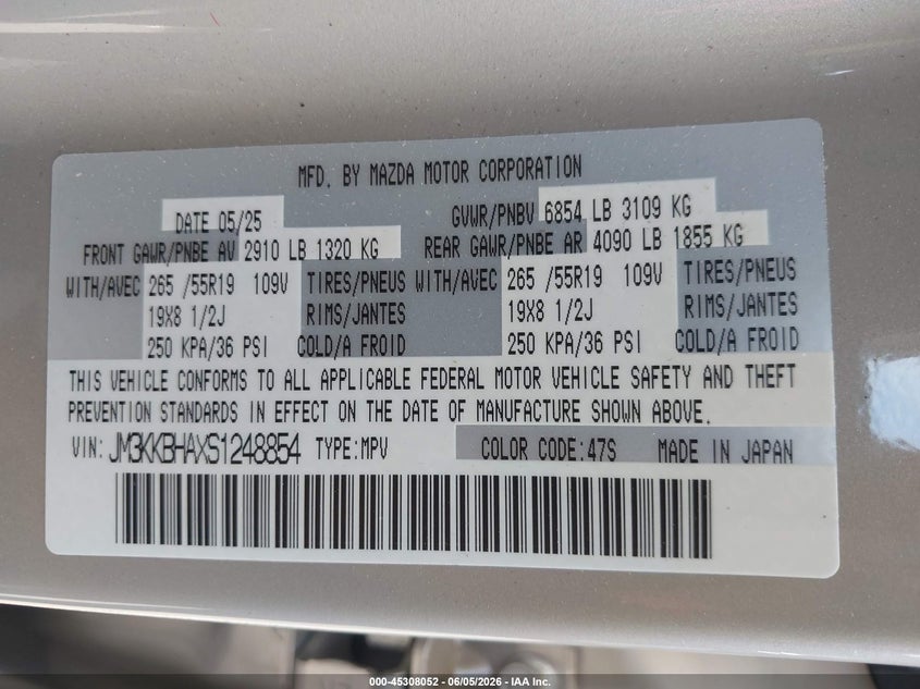 2025 Mazda Cx-90 Phev Preferred Package VIN: JM3KKBHAXS1248854 Lot: 45308052