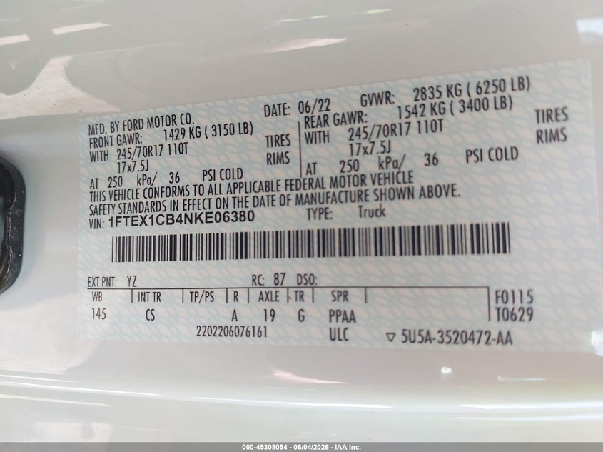 2022 Ford F-150 Xl VIN: 1FTEX1CB4NKE06380 Lot: 45308054
