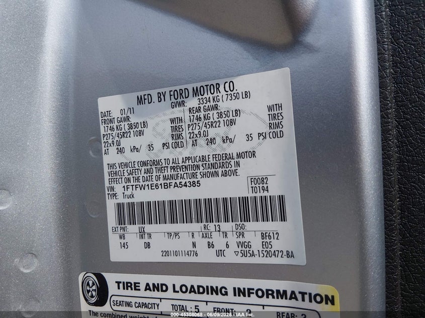 FORD F-150 2011 VIN 1FTFW1E61BFA54385