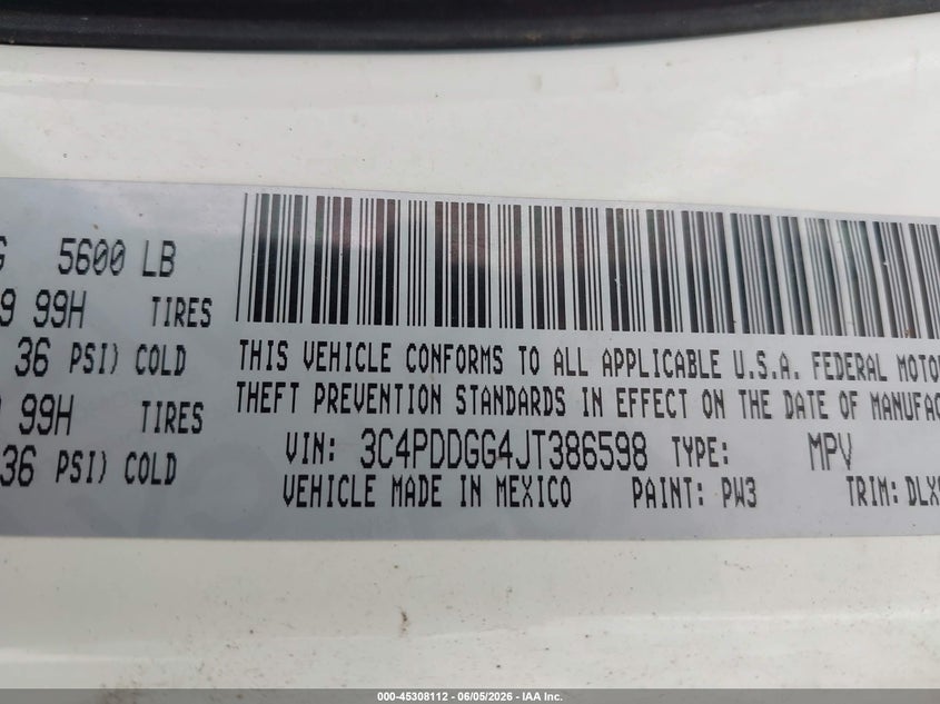 2018 Dodge Journey Crossroad Awd VIN: 3C4PDDGG4JT386598 Lot: 45308112