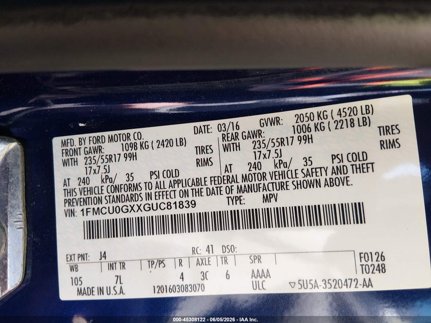 FORD ESCAPE 2016 VIN 1FMCU0GXXGUC81839