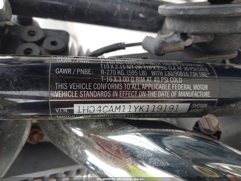 2000 Harley-Davidson Xl883 VIN: 1HD4CAM11YK119191 Lot: 45308141