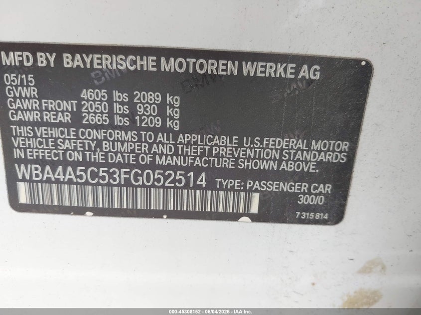 2015 BMW 428 Gran Coupe VIN: WBA4A5C53FG052514 Lot: 45308152