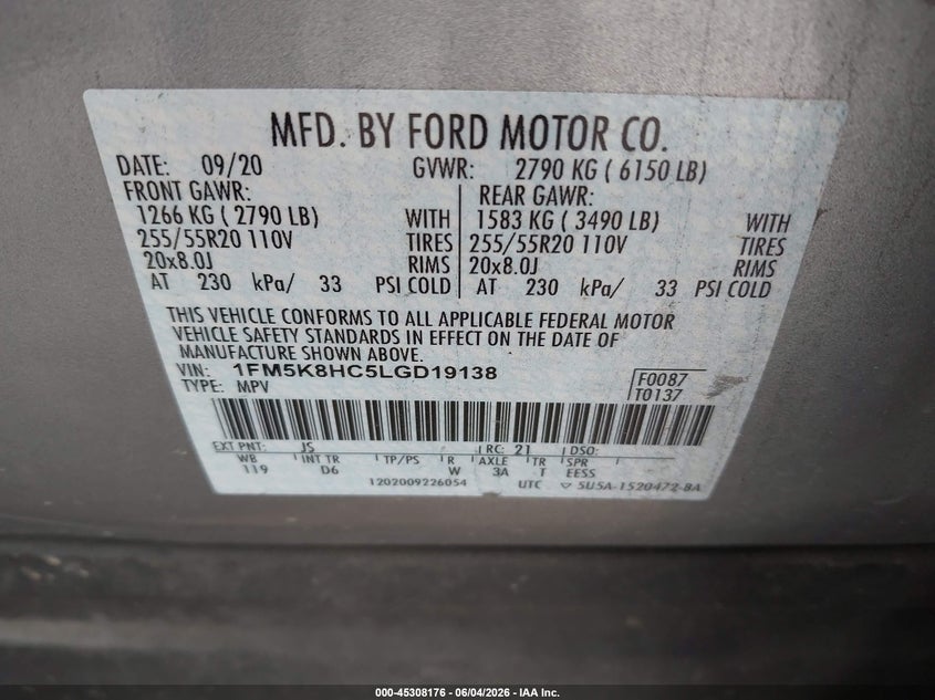 2020 Ford Explorer Platinum VIN: 1FM5K8HC5LGD19138 Lot: 45308176