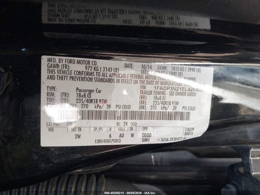 FORD FOCUS 2014 VIN 1FADP3N21EL426400