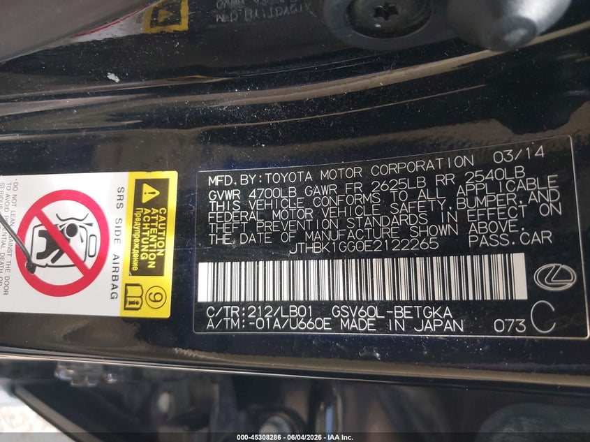 2014 Lexus Es 350 VIN: JTHBK1GG0E2122265 Lot: 45308286