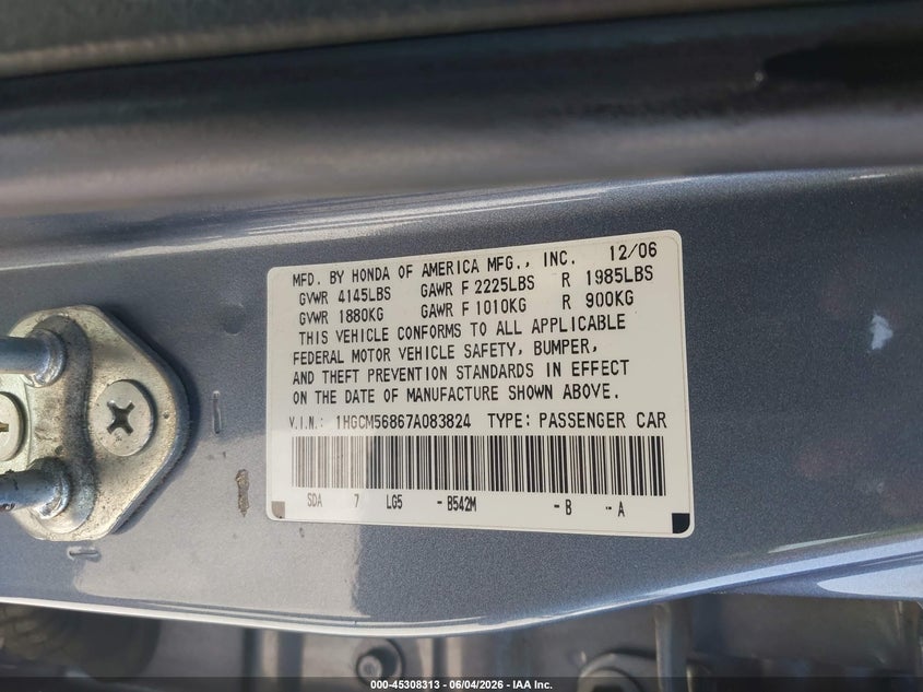 2007 Honda Accord 2.4 Ex VIN: 1HGCM56867A083824 Lot: 45308313