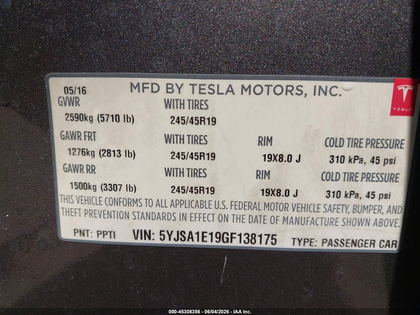 2016 Tesla Model S 60/70/75/85 VIN: 5YJSA1E19GF138175 Lot: 45308356