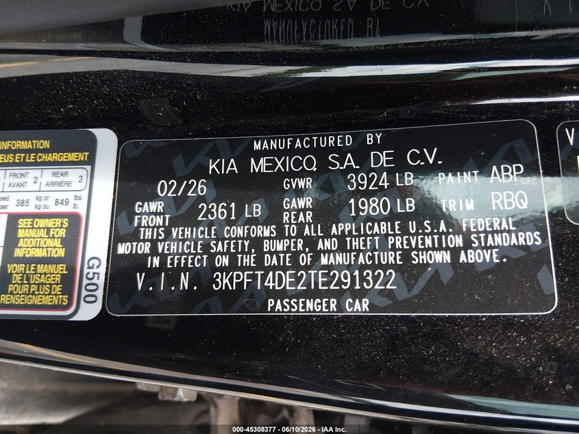 2026 Kia K4 Lxs VIN: 3KPFT4DE2TE291322 Lot: 45308377