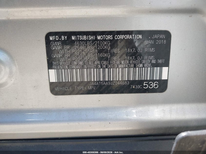 2018 Mitsubishi Eclipse Cross Sel VIN: JA4AT5AA9JZ044683 Lot: 45308386