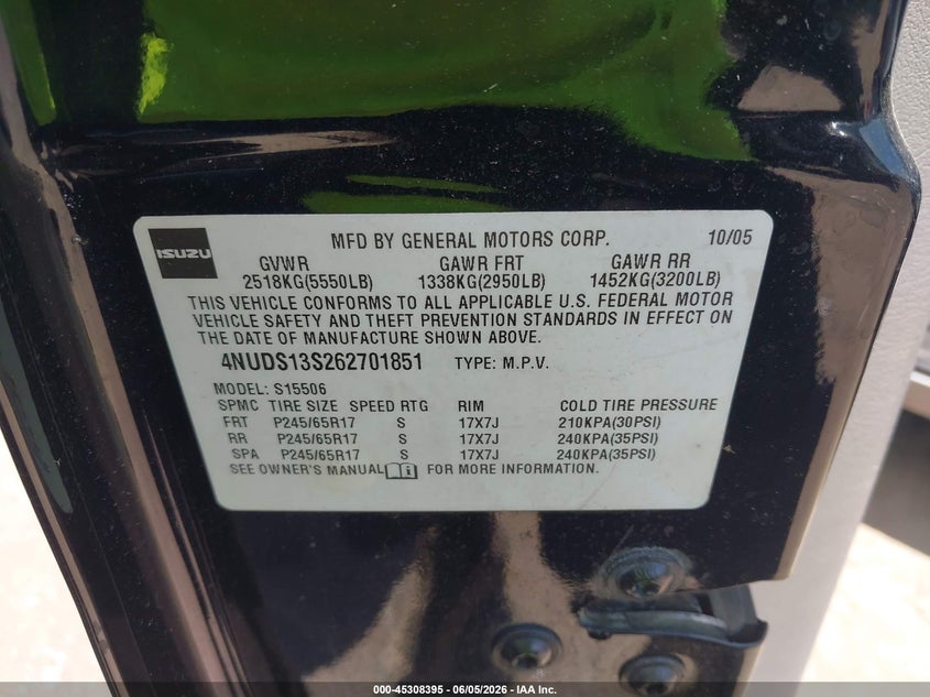 2006 Isuzu Ascender S VIN: 4NUDS13S262701851 Lot: 45308395