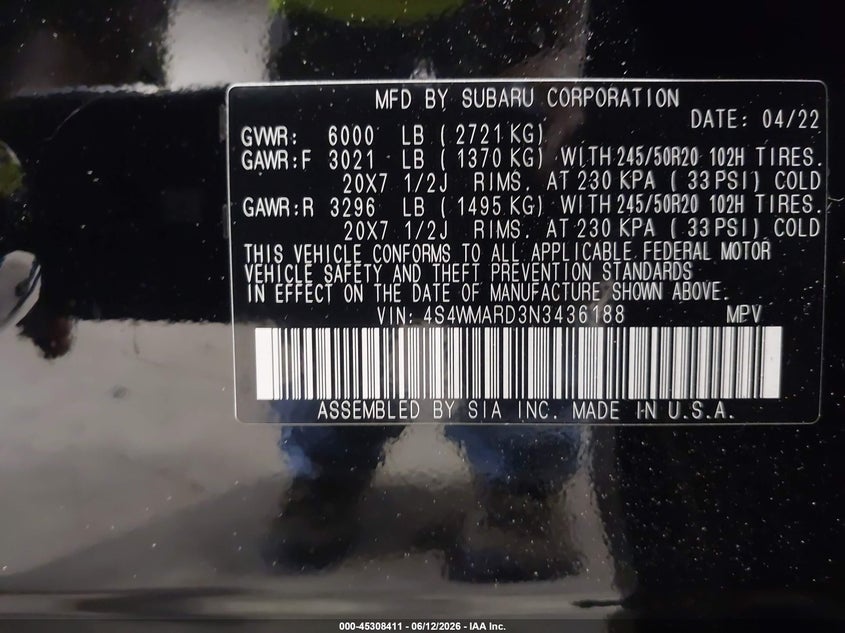 2022 Subaru Ascent Touring VIN: 4S4WMARD3N3436188 Lot: 45308411