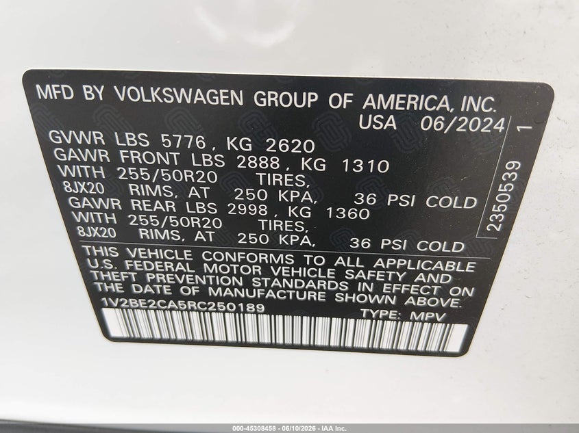 2024 Volkswagen Atlas Cross Sport 2.0T Sel VIN: 1V2BE2CA5RC250189 Lot: 45308458