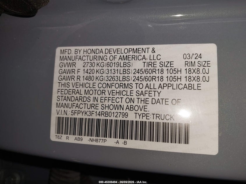 2024 Honda Ridgeline 3.5 grey Lot 111045308494 Vin 5FPYK3F14RB012799
