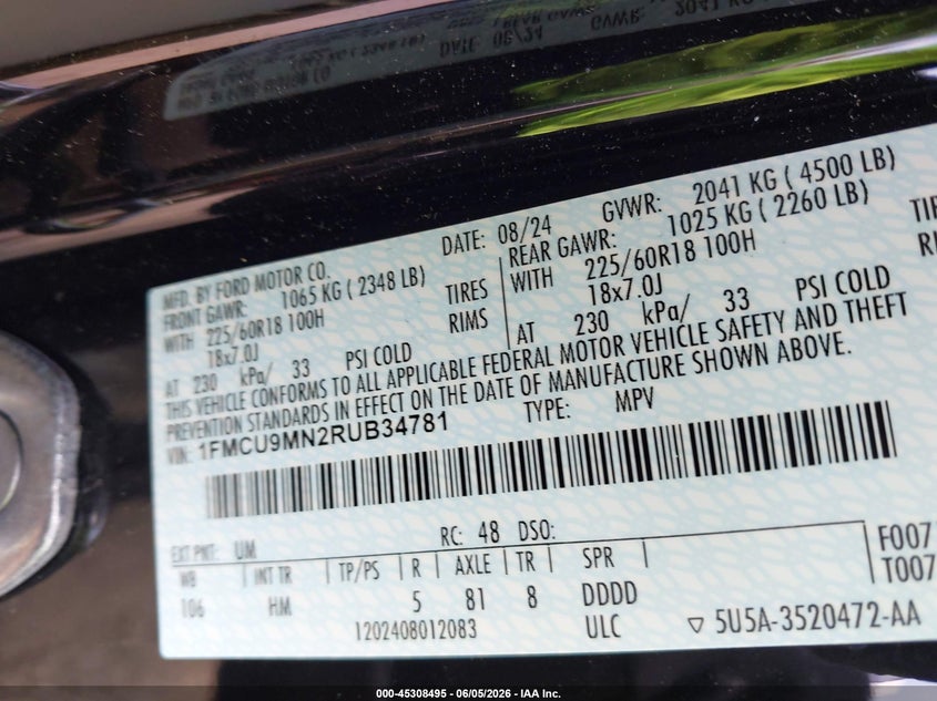 2024 FORD ESCAPE 1.5L I-3 DI, DOHC, V(VIN: 1FMCU9MN2RUB34781