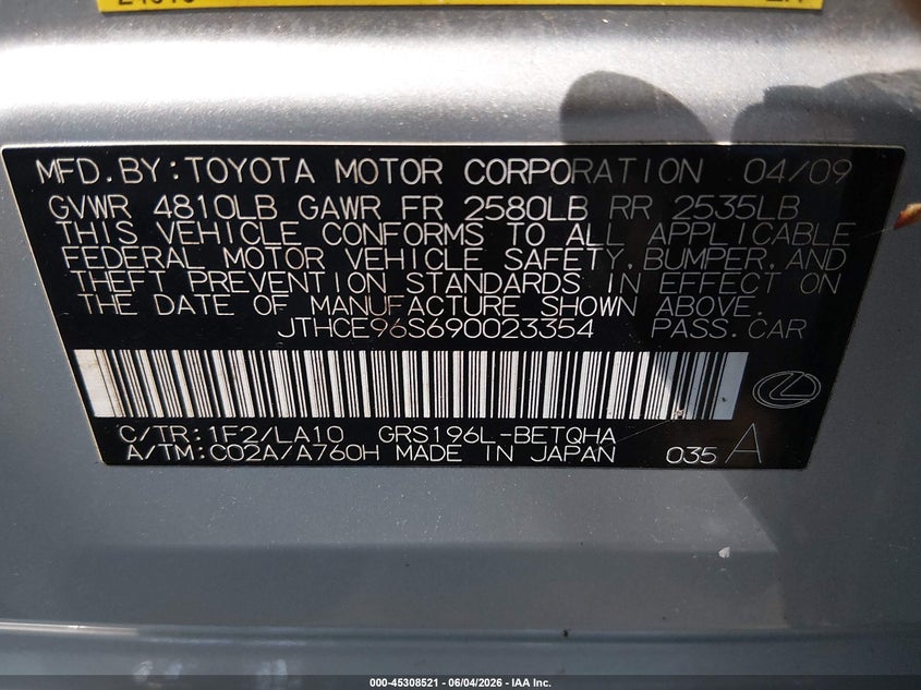 2009 Lexus Gs 350 VIN: JTHCE96S690023354 Lot: 45308521