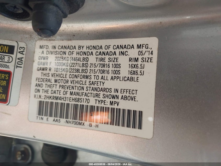 2014 Honda Cr-V Lx VIN: 2HKRM4H31EH685170 Lot: 45308536