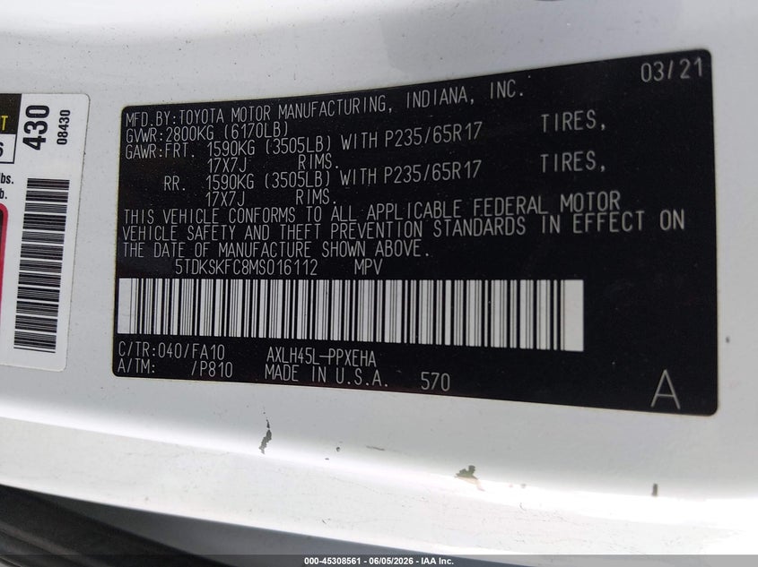 2021 Toyota Sienna Le VIN: 5TDKSKFC8MS016112 Lot: 45308561