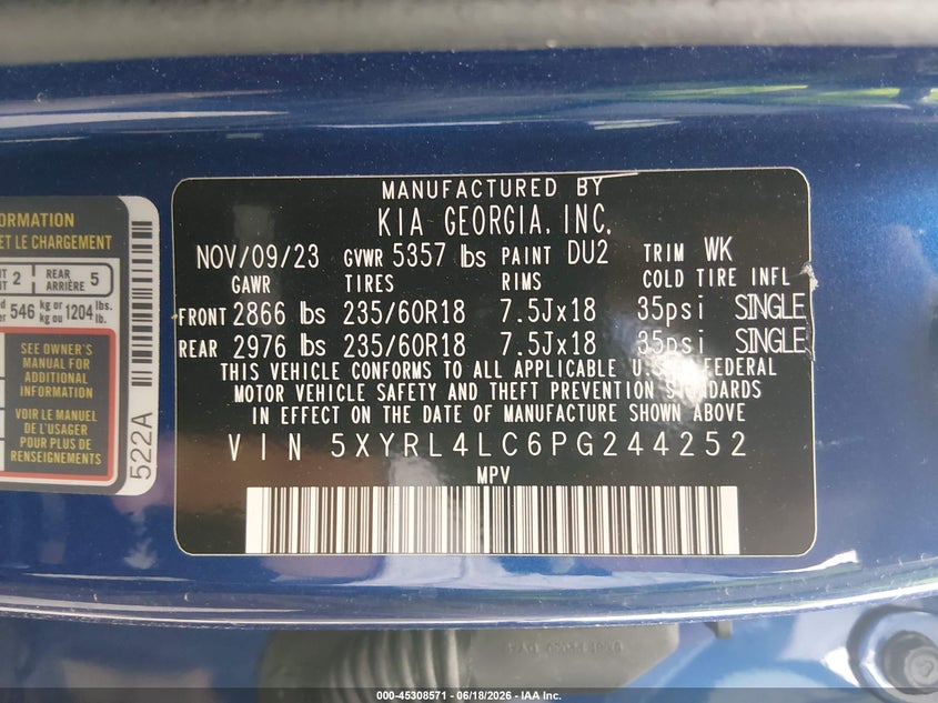 2023 Kia Sorento S VIN: 5XYRL4LC6PG244252 Lot: 45308571
