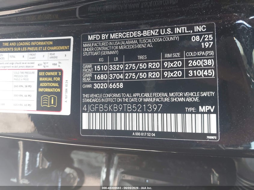 2026 MERCEDES-BENZ GLE 450 3.0L I-6 DI, DOHC, V(VIN: 4JGFB5KB9TB521397