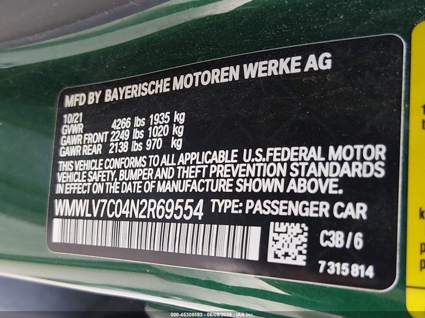 2022 Mini Clubman Cooper S VIN: WMWLV7C04N2R69554 Lot: 45308593
