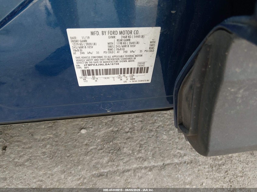 VIN 2FMPK4J96LBA18708 2020 FORD EDGE SEL