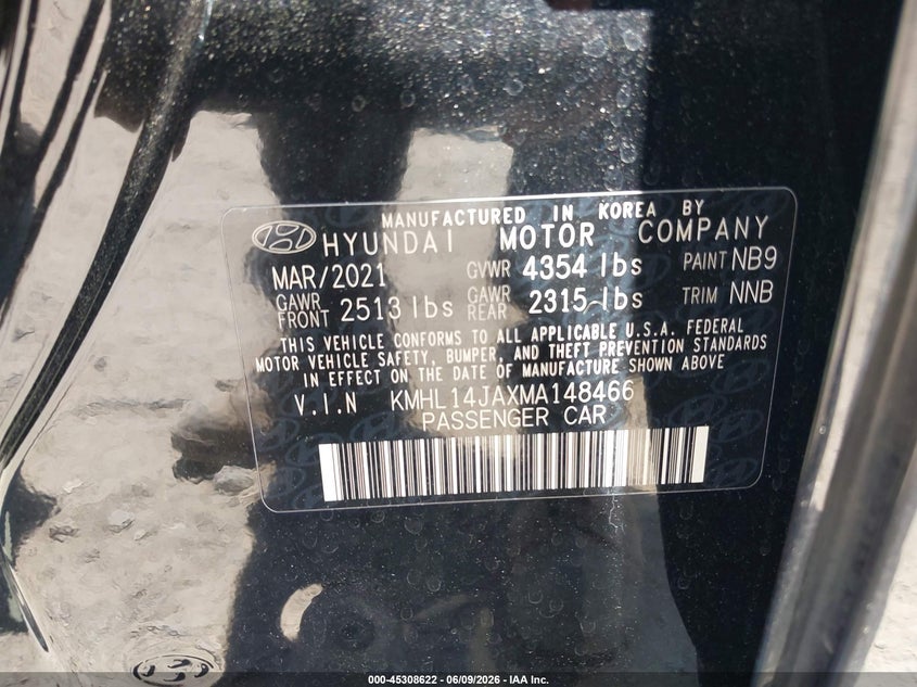 2021 HYUNDAI SONATA 2.5L I-4 DI, DOHC, V(VIN: KMHL14JAXMA148466