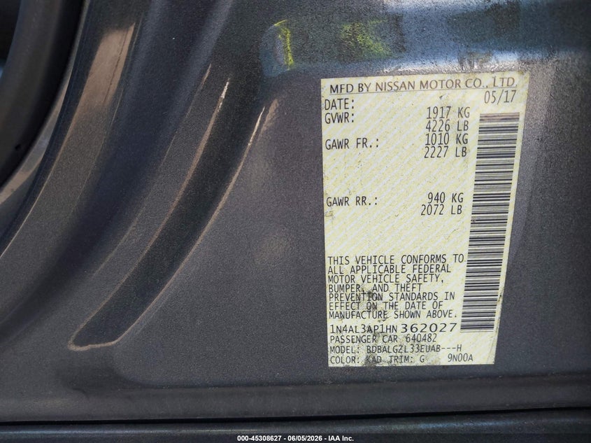 VIN 1N4AL3AP1HN362027 2017 NISSAN ALTIMA 2.5 S