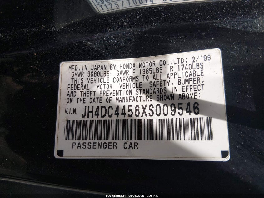 1999 Acura Integra Ls VIN: JH4DC4456XS009546 Lot: 45308631