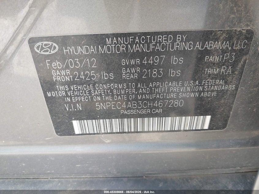 2012 Hyundai Sonata 2.0 Se 2.0T grey Lot 111045308666 Vin 5NPEC4AB3CH467280