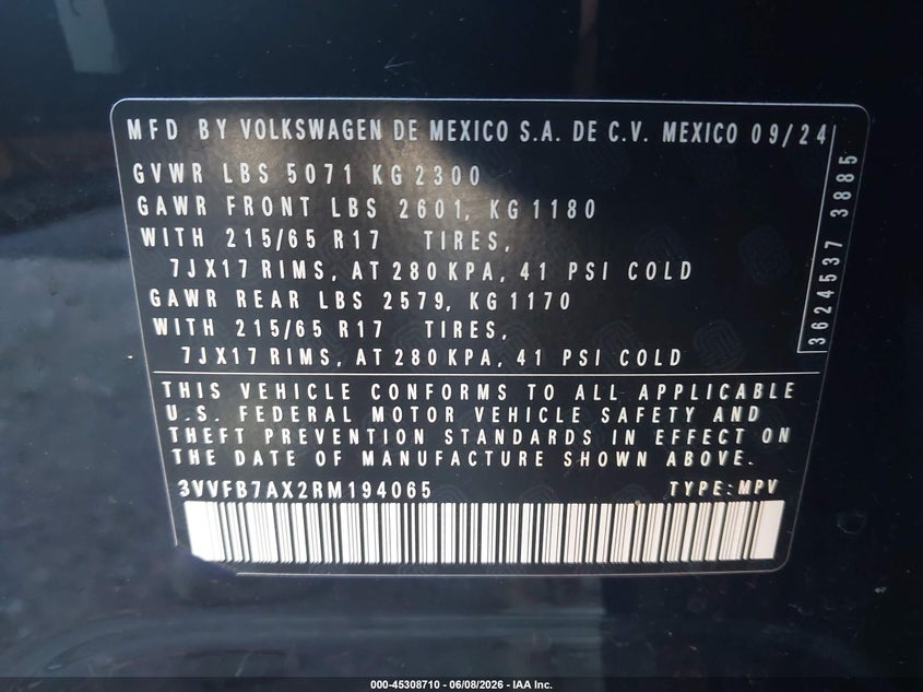 2024 VOLKSWAGEN TIGUAN 2.0L I-4 DI, DOHC, V(VIN: 3VVFB7AX2RM194065