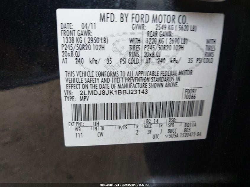 2011 Lincoln Mkx VIN: 2LMDJ8JK1BBJ23143 Lot: 45308724