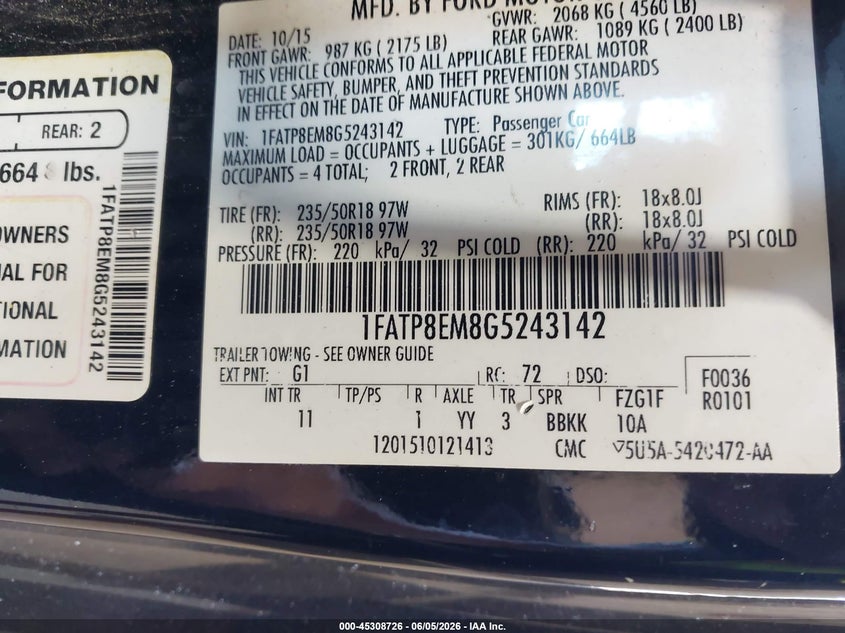 2016 Ford Mustang V6 VIN: 1FATP8EM8G5243142 Lot: 45308726