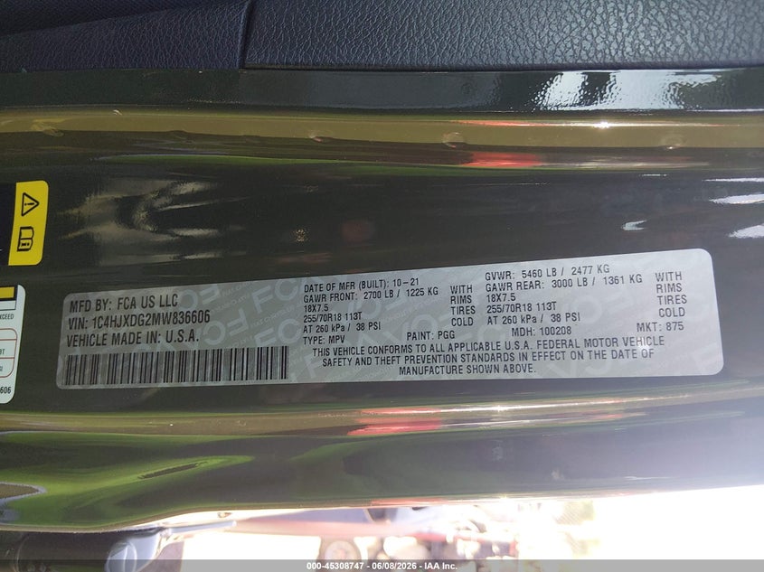 2021 JEEP WRANGLER UNLIMITED 3.6L V-6 DOHC, VVT, (VIN: 1C4HJXDG2MW836606