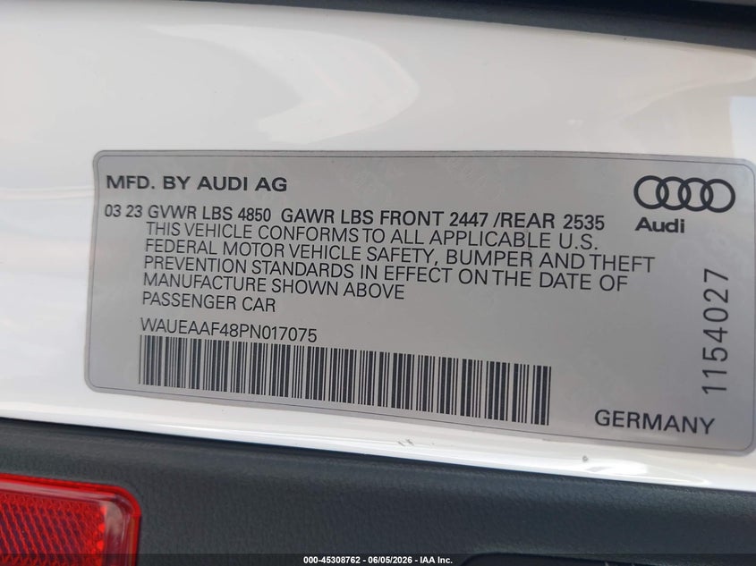 2023 Audi A4 2.0 white Lot 111045308762 Vin WAUEAAF48PN017075
