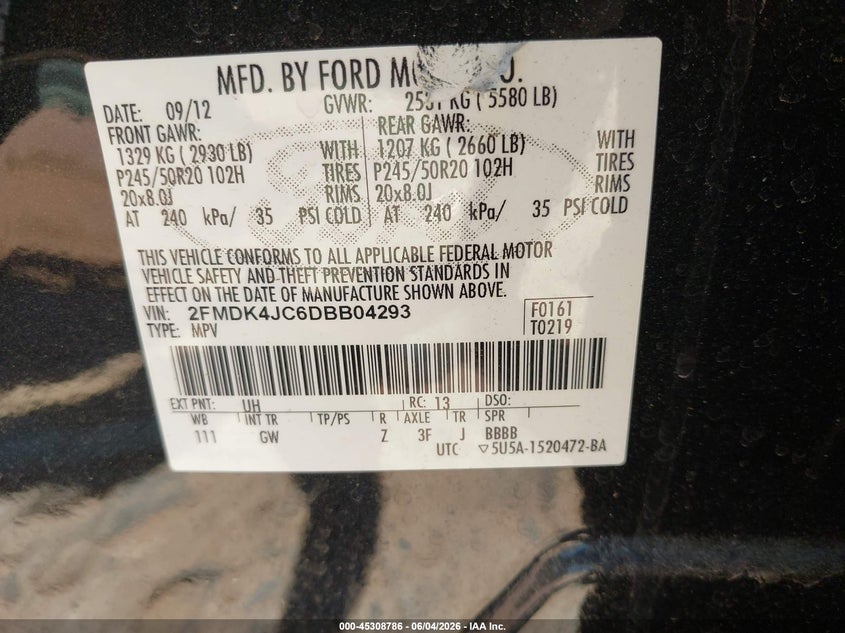 2013 Ford Edge Sel VIN: 2FMDK4JC6DBB04293 Lot: 45308786