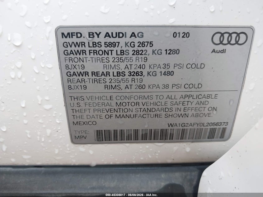 2020 Audi Q5 Premium 55 Tfsi E Quattro S Tronic VIN: WA1G2AFY0L2056373 Lot: 45308817