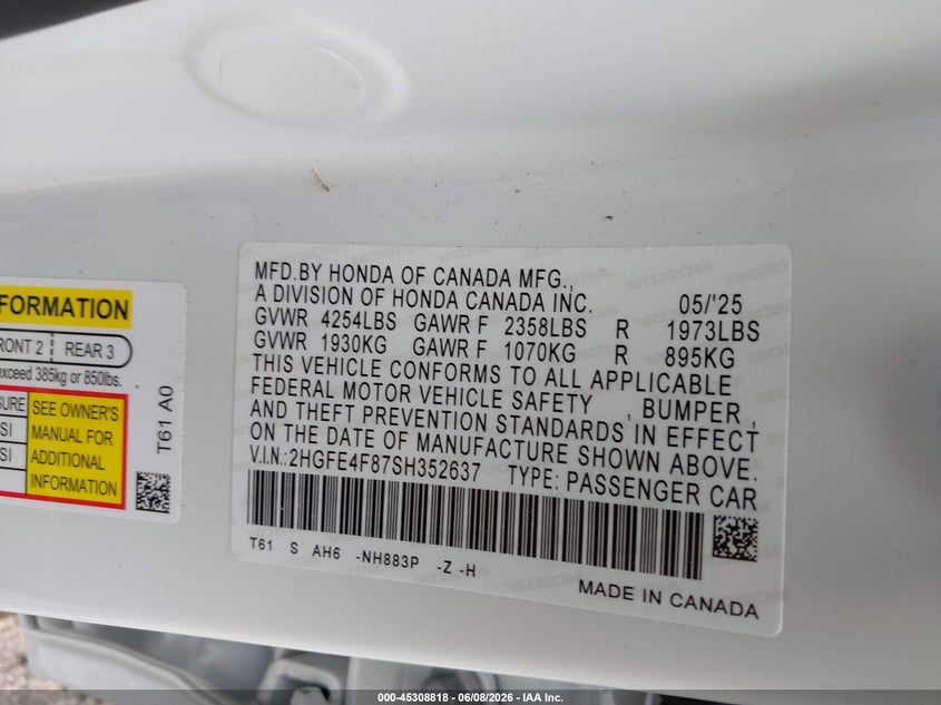 2025 HONDA CIVIC SEDAN 2.0L I-4 DI, DOHC, VVT, 141HP