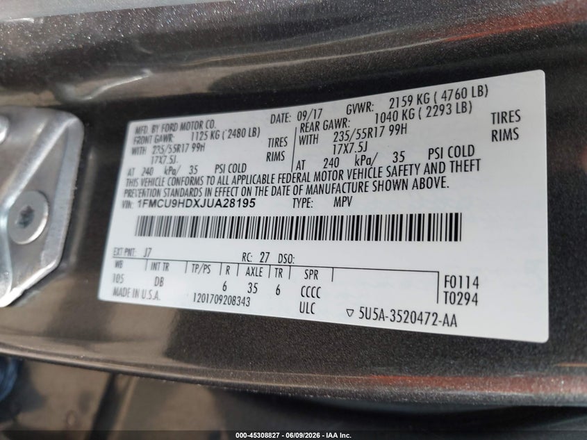 2018 Ford Escape Sel VIN: 1FMCU9HDXJUA28195 Lot: 45308827